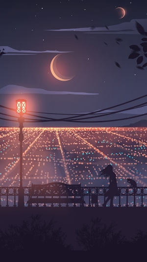Girl and cat on a balcony overlooking a city at night