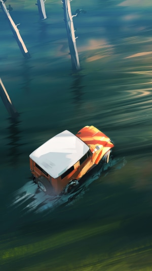 Orange and white jeep driving through water with trees