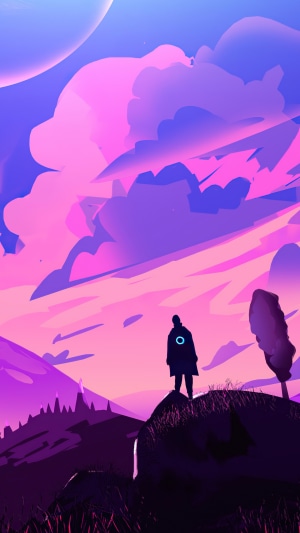 Man with glowing circle on cloak overlooking alien landscape