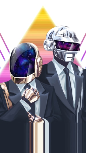 Daft Punk robots in suits with galaxy helmets