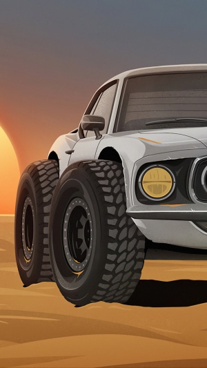 Digital art of a classic car with large tires