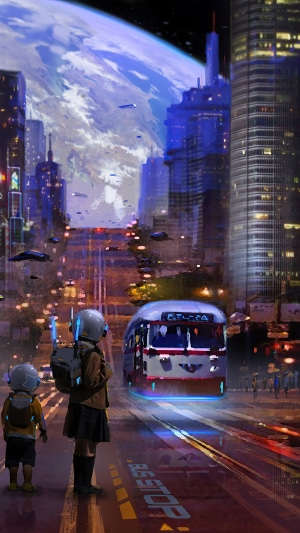 Children at a futuristic bus stop with a planet in the sky