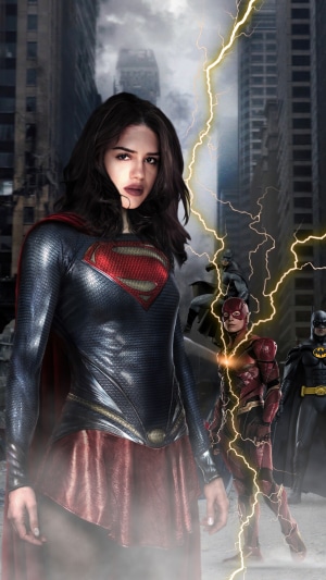 Supergirl and Justice League in a ruined city