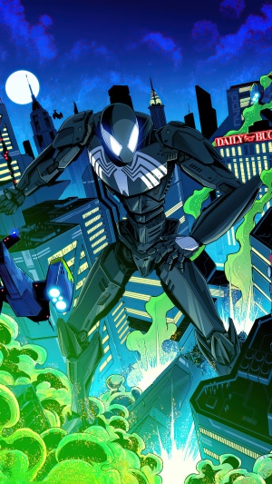 Spider-Man in a black suit with white spider emblem in a city at night