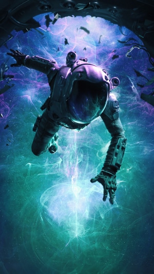 Astronaut floating in cosmic nebula