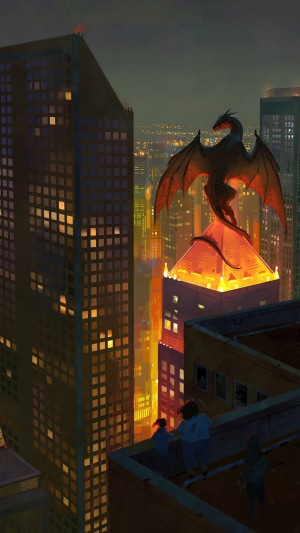 Dragon perched on skyscraper overlooking city at night