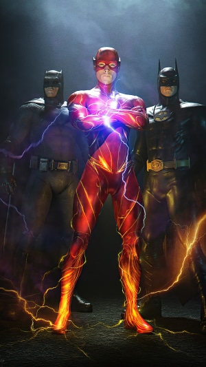 The Flash and two Batmen with lightning