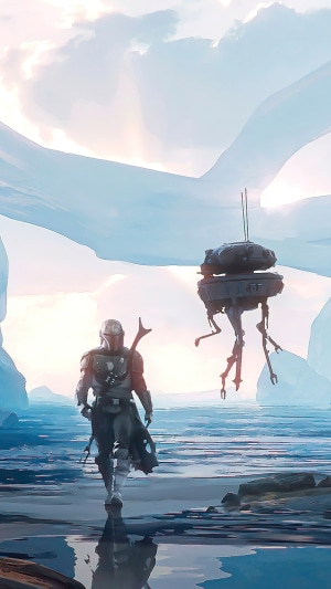 The Mandalorian and a droid on an icy planet