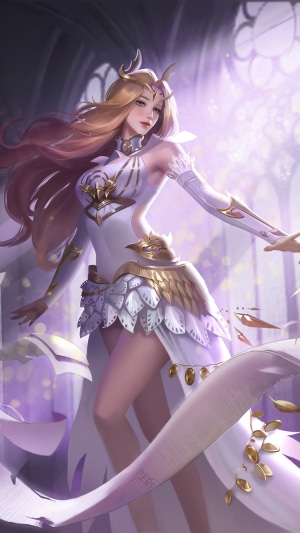 Artwork of a woman in a white and gold dress