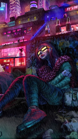 Sci-fi artwork of a person in a cyberpunk city