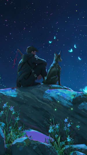 Man and dog watching stars and butterflies
