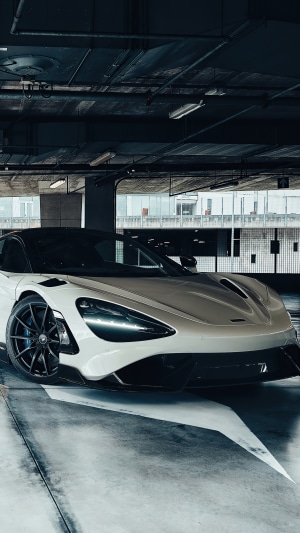 White McLaren 765LT in parking garage