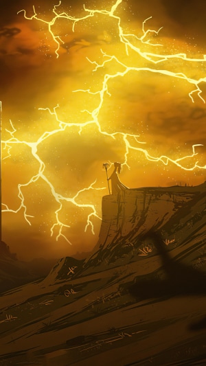 Figure on a cliff during a lightning storm