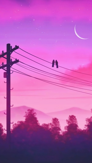 Two birds on a wire at twilight with a crescent moon