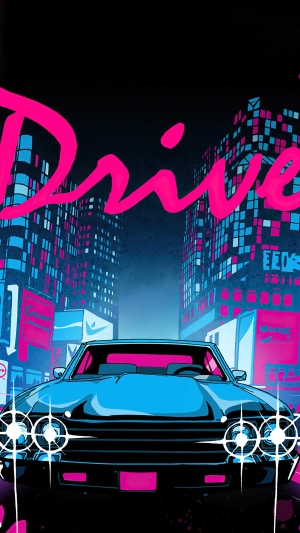 Drive movie poster with car and city