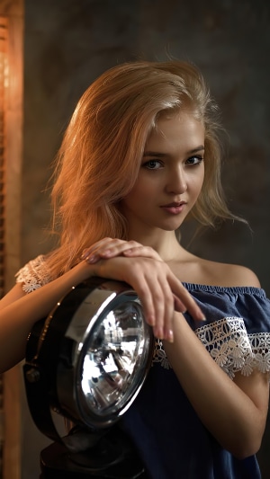 Model in blue dress with motorcycle headlight