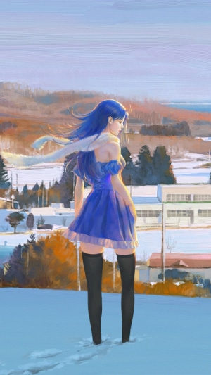 Anime girl with blue hair in a blue dress in the snow