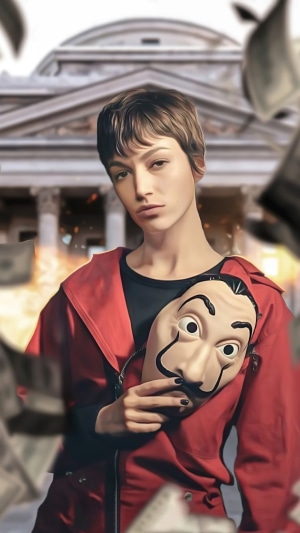 Tokyo from Money Heist holding Salvador Dalí mask