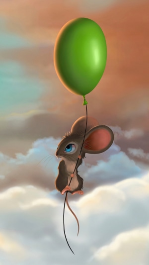 Mouse holding onto a green balloon in the sky