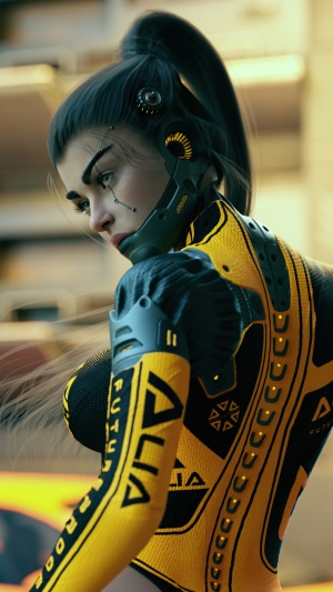 Cyberpunk woman in yellow and black suit
