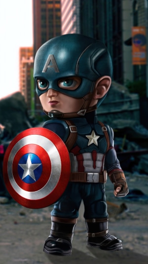 Chibi Captain America with Shield in City Ruins