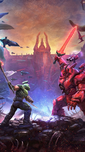 Doom Slayer fighting a large demon in Doom Eternal 4K