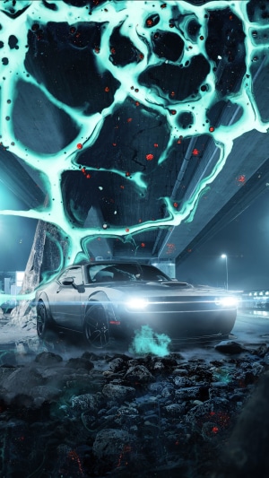 Dodge Challenger under glowing blue energy