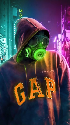 Person in hoodie and gas mask with GAP logo