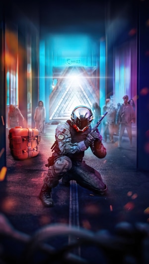 Soldier in futuristic armor with zombies in background