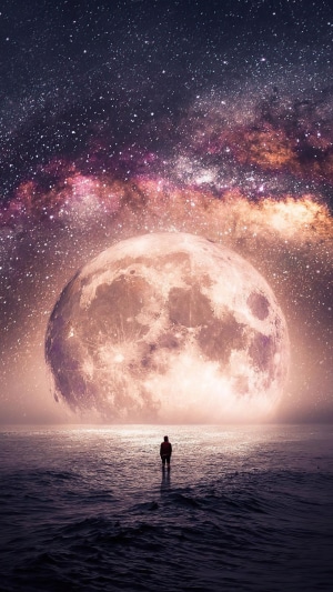 Digital art of a person standing on water under a large moon and starry sky