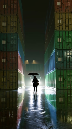Person with umbrella in a container yard at night