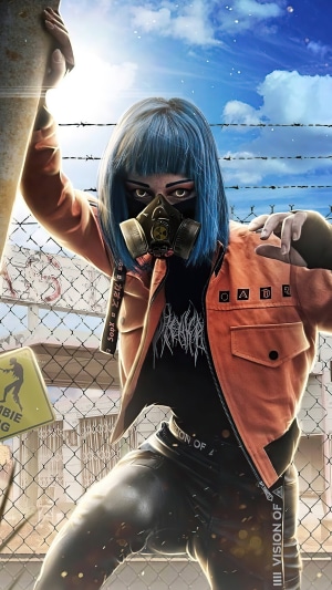 Girl with blue hair and gas mask