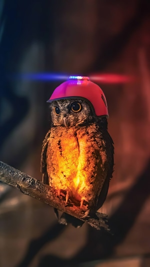 Owl wearing a police helmet with lights