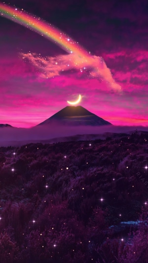 Digital art of a mountain with a crescent moon and rainbow