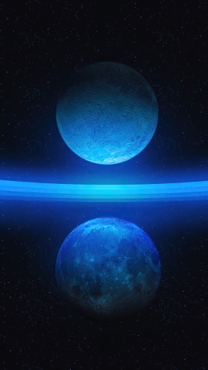 Two blue planets in space with a glowing ring