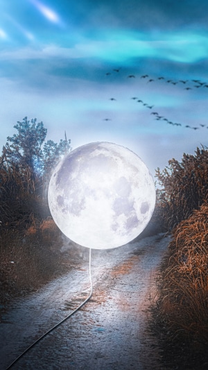 Digital art of a glowing moon on a road