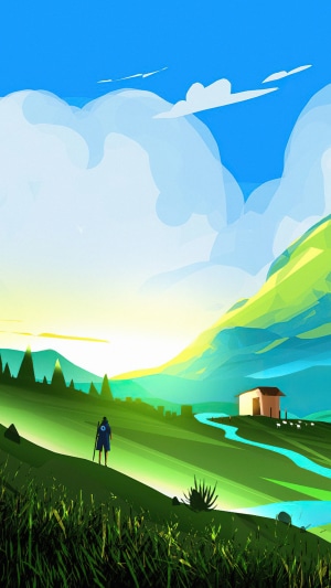 Digital Art Landscape with Traveler and House
