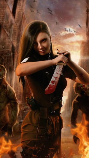 Woman with bloody knife in apocalypse