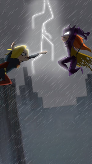 Supergirl and Batgirl in a lightning storm