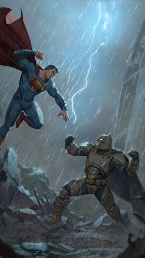 Superman vs Batman in a thunderstorm