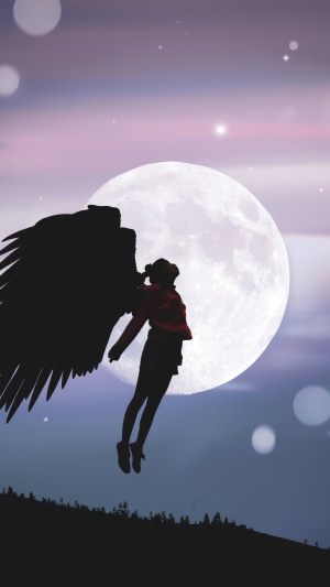 Silhouette of an angel with wings against a large moon