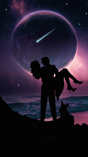 Couple with dog under a planet and shooting star