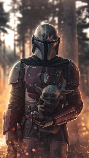The Mandalorian and Grogu in a forest