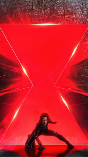 Black Widow in front of red hourglass symbol