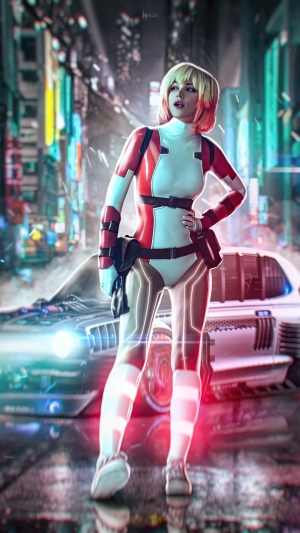 Cyberpunk woman in futuristic outfit in city