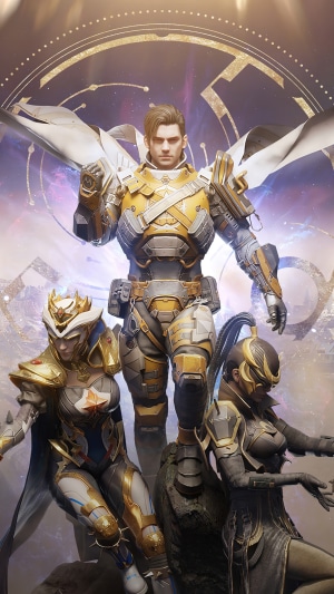 PUBG characters in futuristic armor with cosmic background