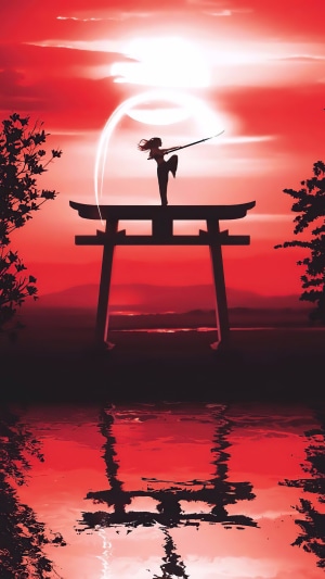 Silhouette warrior with sword on torii gate at sunset