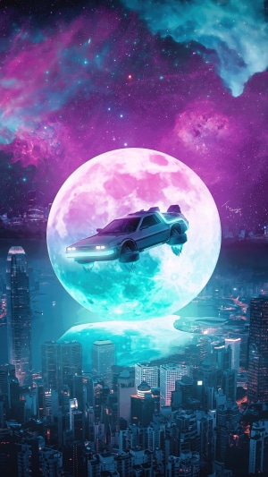 DeLorean flying over city with moon and nebula