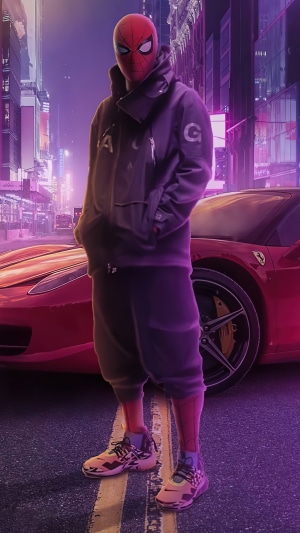 Spiderman in a modern city at night