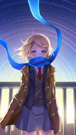 Anime girl with blue scarf and brown coat